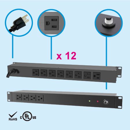 12孔 NEMA 5-15 1U 機架式電源分配器 - 伺服器用插座, 8 x 5-15R outlets