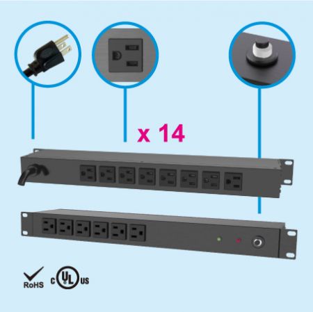 14孔 NEMA 5-15 1U 機架式電源分配器 - 伺服器用插座, 8 x 5-15R outlets
