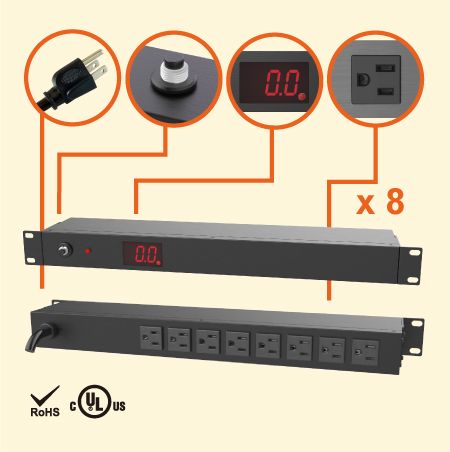 8 NEMA 5-15 1U 19" Metered Power Distribution Units - 8 x 5-15R outlets PDU with total current of metering