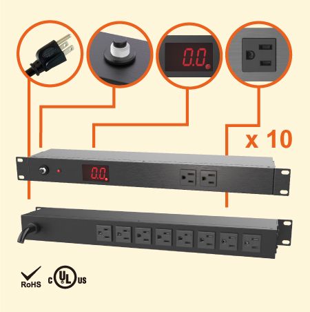 10孔 NEMA 5-15 1U 19" 監視型機架式電源分配器 - 電錶型伺服器用插座, 10 x 5-15R outlets