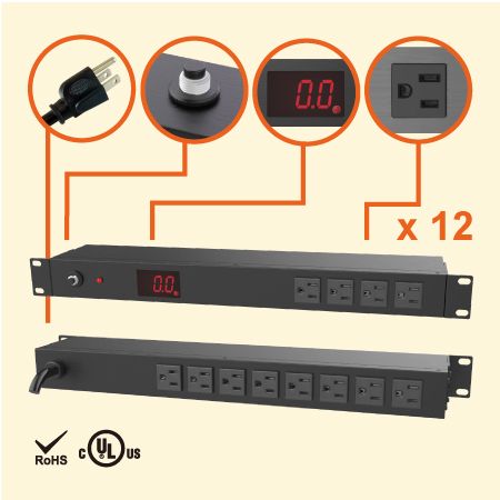12 PDU para rack medida 1U NEMA 5-15 - PDU de 12 salidas 5-15R con medidor de corriente total
