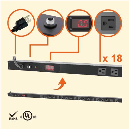 18  NEMA 5-15 0U Vertical Space-saving Metered Power Strip - 18 x 5-15R outlets PDU  with current meter