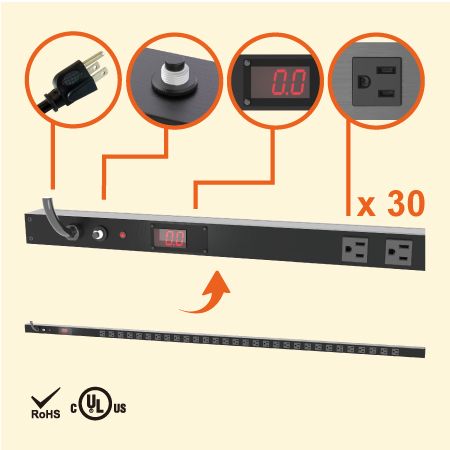 30 NEMA 5-15 0U Metered Cabinet Power Strip - 30 x 5-15R outlets PDU with current meter