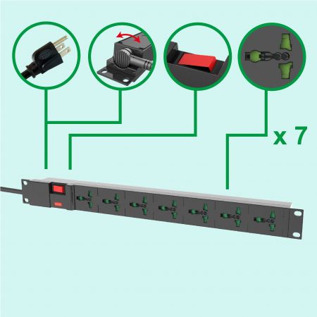 Universal 7 Outlets 19” Rack PDU 10A 110V-250V 1U Power Strip - 7 Outlets PDU with Surge Protection