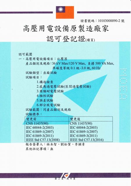 Manufacturer Certificate (CIC’s Taoyuan factory) for Current Transformers and Potential Transformers - Page 2