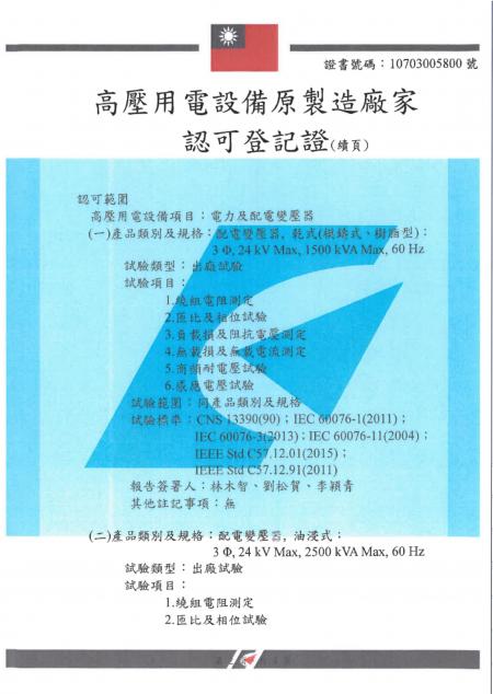 Manufacturer Certificate (CIC’s Zhongli factory) for Distribution Transformers - Page 2