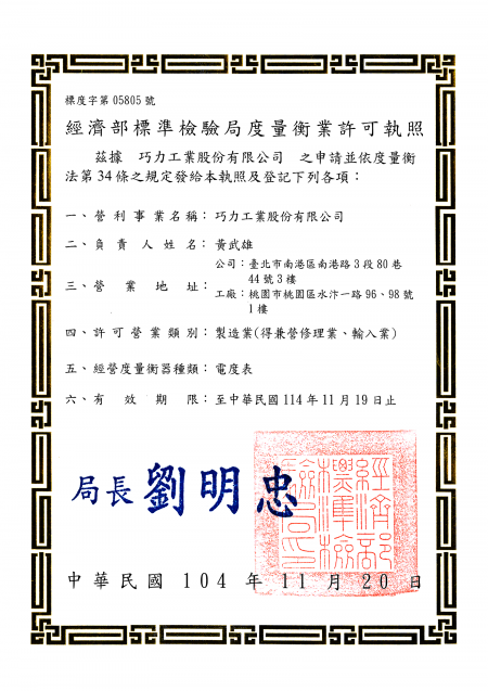 Metrology License (Electricity Meters) - CIC's Taoyuan Factory