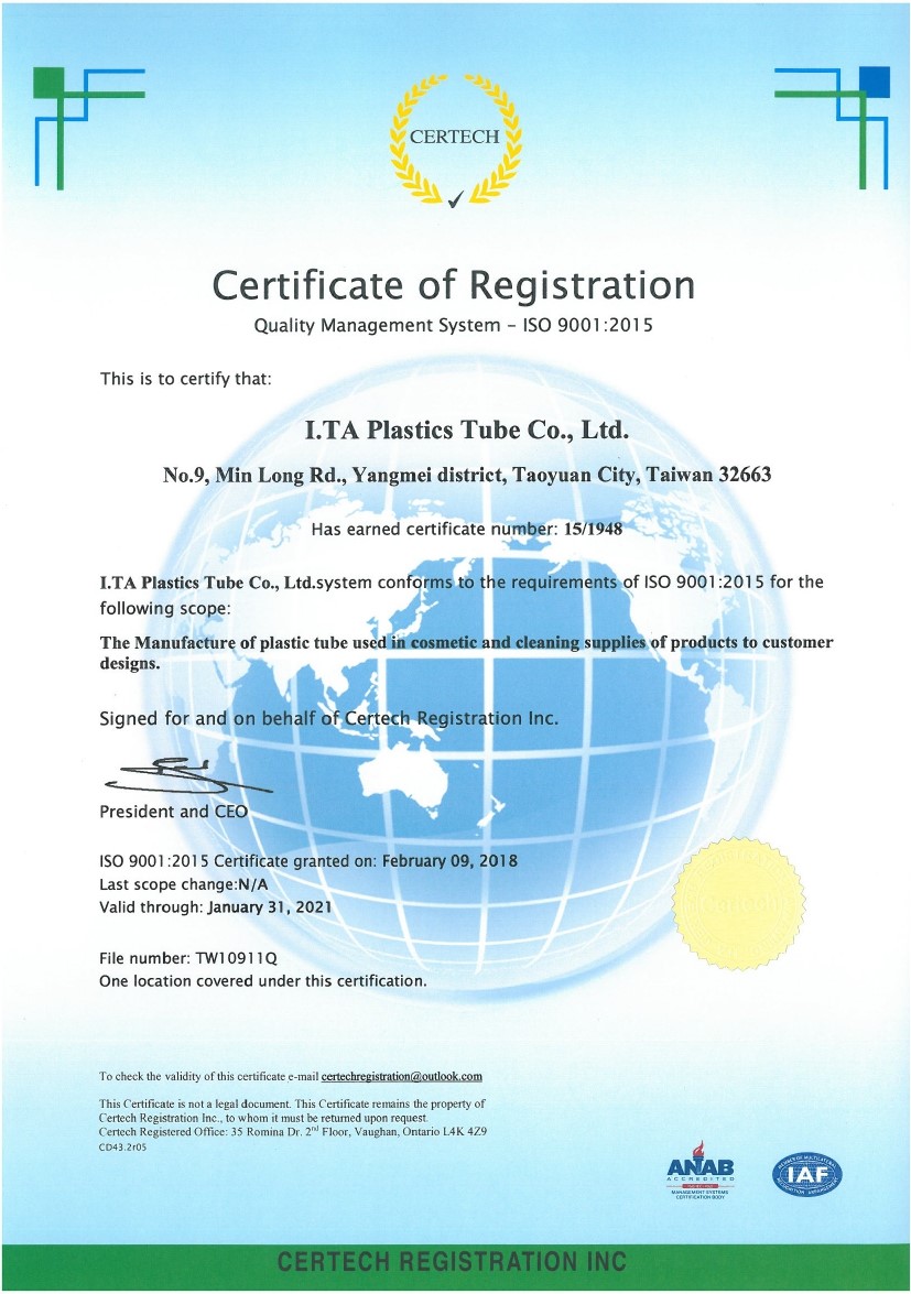 I.TA is ISO9001 qualified cosmetic packaging tube manufacturer.